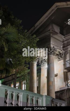 Unterer Teil des großen neoklassizistischen Portikus bei Nacht, korinthische Säulen, die sich hinter grünem Zaun mit tropischen Palmen und beleuchteten Steindetails erheben Stockfoto