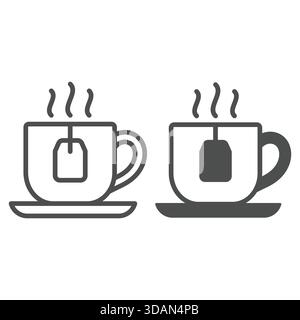 Tasse heißer Tee mit Teebeutel und festem Symbol, Gartentee mit Blumenmuster. Vektorgrafiken. Keramikbecher auf Tellerschild auf weißem Hintergrund, außen Stock Vektor