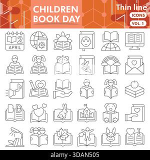 Kinder Buchsymbole Sammlung oder Skizzen. Symbole für untergeordnete Buchtagesthemen in dünnen Linien für Web und App. Vektorgrafiken isoliert auf weiß b Stock Vektor