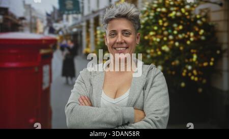 Frau in einem grauen Hoodie mit kurzen Haaren steht mit überkreuzten Armen neben einem roten Briefkasten auf einer geschäftigen Stadtstraße; Selbstvertrauen. Stockfoto