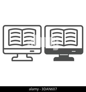 Bildschirm mit Buchzeile und durchgehendem Symbol, Lesekonzept für Online-Bücher. Vektorgrafiken. Digitales Textbuch-Kopierschild auf weißem Hintergrund, Umriss St Stock Vektor