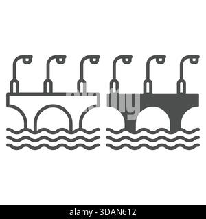 Brücke mit Bögen und Laternen und durchgehendem Symbol, Konzept für eine Baustruktur. Vektorgrafiken. Autobahnbrücke am Wasserschild auf weißem Hintergrund, Stock Vektor