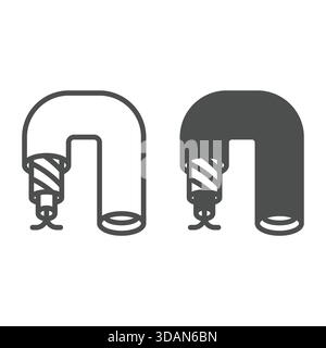 Glasfaserkabel und Symbol, elektronisches Gerätekonzept. Vektorgrafiken. Draht mit Signalschutzschild auf weißem Hintergrund, Umriss St Stock Vektor