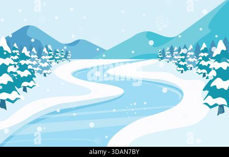 Landschaftlich schöne Winter-Vektor-Illustration mit einem verwinkelten gefrorenen Fluss oder einem verschneiten Pfad, der durch einen Kiefernwald und Berge fließt. Stock Vektor