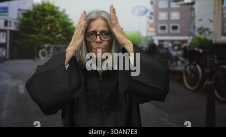 Richterin mit erhobenen Händen auf der Straße in der Stadt in schwarzem Gewand und Brille, graues Haar sichtbar; Frustration Autorität Spannung. Stockfoto