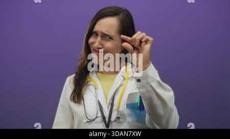 Frau Doktor mit Gesten kleine Messung mit Stethoskop auf violettem Hintergrund, Ausdruck Zweifel, trägt Uniform, hebt hispanische weibliche Gesundheit hervor Stockfoto