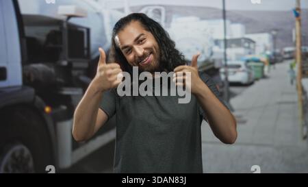 Mann mit langen dunklen Haaren und Bart lächelt, während er auf einer belebten Straße neben einem geparkten Truck und Bürgersteig zwei Daumen nach oben zeigt; Optimismus. Stockfoto
