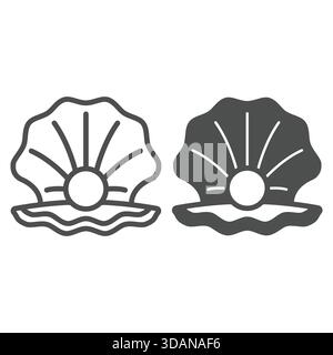 Offene Muschel- und Perllinie und solides Symbol, Unterwasser-Schätze-Konzept. Vektorgrafiken. Schale mit Edelsteinzeichen auf weißem Hintergrund, Umrissstil Stock Vektor