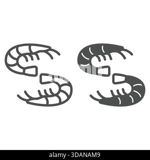 Garnelenleine und ein festes Symbol, Fischfang, Meeresfrüchte-Konzept. Vektorgrafiken. Kleines Garnelenpaar auf weißem Hintergrund, Umrisssymbol für Mobilgeräte oder W Stock Vektor