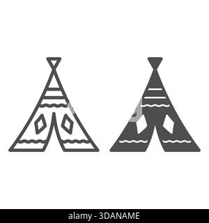 Indische Wigwam-Linie und solide Ikone, westliches Wüstenkonzept. Vektorgrafiken. Kegelhaus mit Schild auf weißem Hintergrund, Umrisssymbol für Mobilgeräte oder wir Stock Vektor