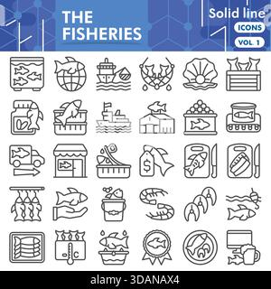 Sammlung von Fischereisymbolen oder Skizzen. Ikonen mit Meeresfrüchten in Linienschildern für Web und App. Vektorgrafiken isoliert auf weißem Hintergrund Stock Vektor