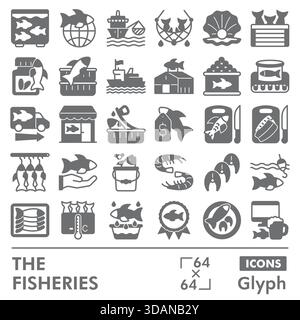 Sammlung von Fischereisymbolen oder Skizzen. Ikonen mit Meeresfrüchten in Glyphe-Stil für Web und App. Vektorgrafiken isoliert auf weißem Hintergrund Stock Vektor