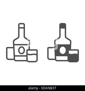Whiskey-Flasche und zwei Shot-Gläser Linie und solides Symbol, West Desert Konzept. Vektorgrafiken. Alkohol-Getränk-Schild auf weißem Hintergrund, Umrissstil i Stock Vektor