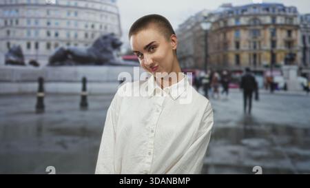 Frau Buzzcut, der Kopf neigt und lächelnd, sichtbares Gesicht und weißes Hemd auf einer belebten Straße bei Löwenstatue und Bussen; verspieltes Selbstvertrauen. Stockfoto