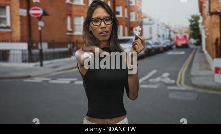 Thailändische Frau mit Brille hält ein weißes Puzzleteil in der rechten Hand und streckt die linke Hand in Richtung Kamera auf einer Straße; Verbindung neugierig. Stockfoto