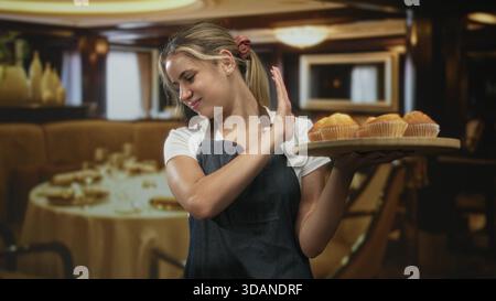 Junge blonde Kellnerin mit Schürze, die ein rundes Holztablett mit Muffins mit Palme im Speisesaal des Restaurants hält; Ablehnung. Stockfoto