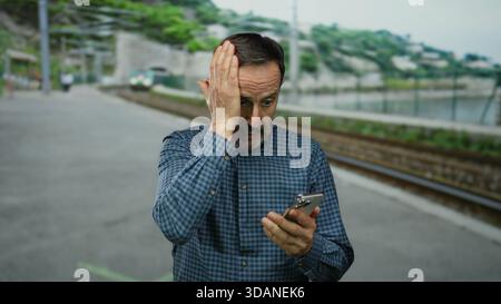 Hispanischer Mann an der Strandpromenade überprüft das Smartphone mit besorgtem Ausdruck, der in der Nähe von Bahngleisen steht. Stockfoto