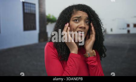 afroamerikanerin in rotem Hemd blickt durch die Finger und bedeckt das Gesicht mit den Händen auf der Straße; Angst. Stockfoto