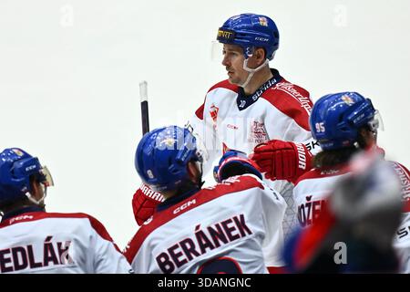 Liberec, Tschechische Republik. Dezember 2025. Roman Cervenka aus Tschechien feiert ein Tor während der Schweizer Hockeyspiele, Teil der Euro Hockey Tour Serie, Spiel Tschechische Republik gegen Finnland am 11. Dezember 2025 in Liberec, Tschechische Republik. Quelle: Radek Petrasek/CTK Photo/Alamy Live News Stockfoto