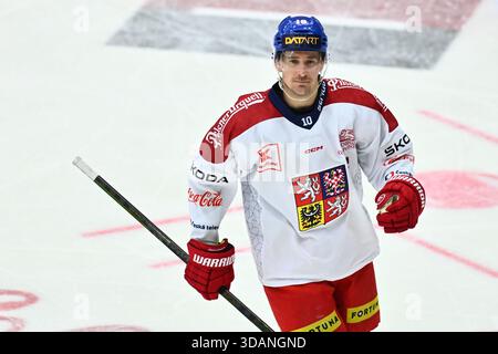 Liberec, Tschechische Republik. Dezember 2025. Roman Cervenka aus Tschechien feiert ein Tor während der Schweizer Hockeyspiele, Teil der Euro Hockey Tour Serie, Spiel Tschechische Republik gegen Finnland am 11. Dezember 2025 in Liberec, Tschechische Republik. Quelle: Radek Petrasek/CTK Photo/Alamy Live News Stockfoto