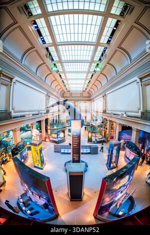 Smithsonian Natural History Museum Sant Ocean Hall Washington DC // WASHINGTON DC — die Sant Ocean Hall im Smithsonian National Museum of Natural History zeigt ein 45 Fuß (13,7 Meter) langes Modell von Phoenix, einem nordatlantischen Glattwal, das von der Decke hängt. Diese immersive Ausstellung erforscht Meeresökosysteme, Artenvielfalt und die entscheidende Rolle des Ozeans für die Erhaltung des Lebens. Es ist eine große Dauerausstellung im Smithsonian National Museum of Natural History, einer prominenten Institution in der National Mall. Das 1910 gegründete Museum ist eines der meistbesuchten natura der Welt Stockfoto