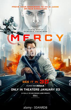 Mercy (2026) unter der Regie von Timur Bekmambetov mit Chris Pratt, Rebecca Ferguson und Kali Reis. In Los Angeles hat ein Detective, der des Mordes an seiner Frau beschuldigt wird, 90 Minuten, bevor ein fortgeschrittener KI-Richter über sein Schicksal entscheidet. NUR ZUR REDAKTIONELLEN VERWENDUNG des US-Advance-Posters. Quelle: BFA / Amazon MGM Studios Stockfoto