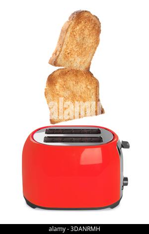 Gebräunte Brotscheiben fliegen aus dem Toaster auf weißem Hintergrund Stockfoto