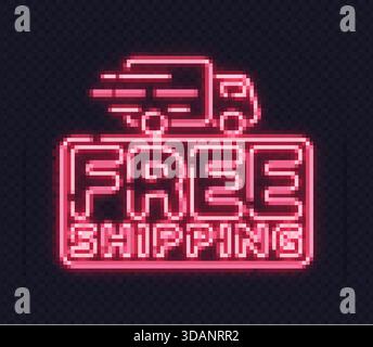 Leuchtendes Neon-Lkw-Symbol mit kostenloser Versandnachricht im Rahmen. Lebendiges Schild für Online-Shop-Angebote oder Logistikangebote. Stock Vektor