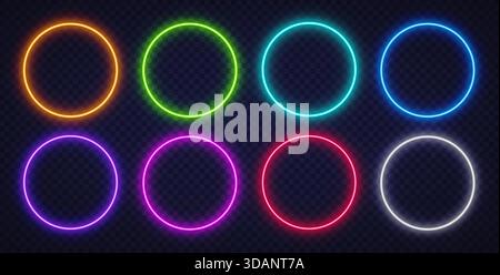 Set aus leuchtenden Neonkreisen in leuchtenden Farben auf transparentem Hintergrund. Modernes, leichtes Design, perfekt für digitale Kunst, Abzeichen und futuristische Layouts Stock Vektor
