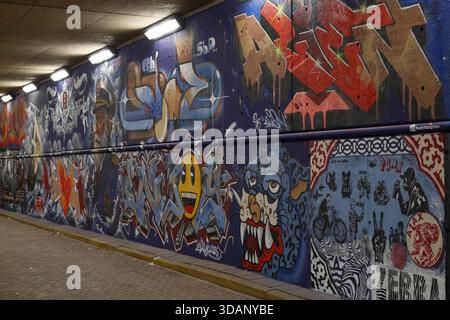 Weite Sicht auf eine mit Graffiti bedeckte Unterführungswand mit Wandmalereien und großen Buchstaben unter Deckenleuchten in Dijksgracht, Amsterdam, Niederlande, bei Nacht. Stockfoto