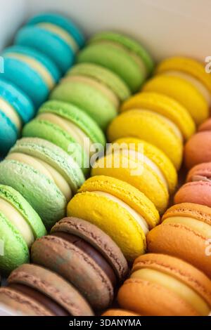 Viele bunte Makronen in der Box. Blaue, grüne, gelbe, braune Desserts auf einer Süßigkeitenbox Stockfoto