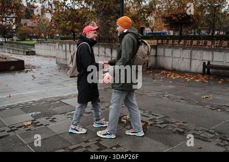 Zwei Männer begrüßen sich mit einem Handschlag in einem Stadtpark, umgeben von Herbstlaub. Die Szene vermittelt das Konzept von Freundschaft und Soziales Stockfoto