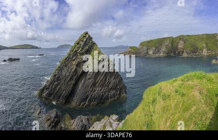 Felsen und Klippen am Dunquin Pier, Ballyickeen Commons, Dunquin, Kerry, Irland Stockfoto