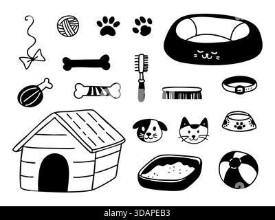 Handgezeichnetes Haustier-Accessoires-Set im Doodle-Outline-Stil. Vektorsammlung von Tierpflegeillustrationen. Stock Vektor