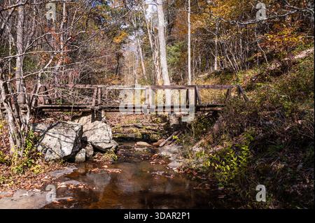Holzsteg über Falling Water Creek in Buchanan, Virginia Stockfoto