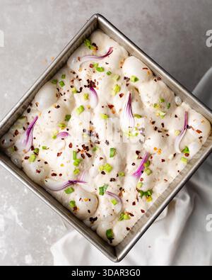 Draufsicht von Zwiebeln- und Schalottenfokaccia-Teigscheiben in einer quadratischen Backform, Draufsicht von luftiger, sprudelnder Zwiebelfokaccia-Teigprobung Stockfoto