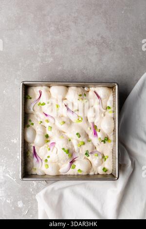 Draufsicht von Zwiebeln- und Schalottenfokaccia-Teigscheiben in einer quadratischen Backform, Draufsicht von luftiger, sprudelnder Zwiebelfokaccia-Teigprobung Stockfoto