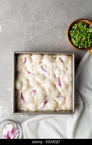 Draufsicht von Zwiebeln- und Schalottenfokaccia-Teigscheiben in einer quadratischen Backform, Draufsicht von luftiger, sprudelnder Zwiebelfokaccia-Teigprobung Stockfoto