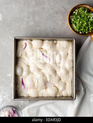 Draufsicht von Zwiebeln- und Schalottenfokaccia-Teigscheiben in einer quadratischen Backform, Draufsicht von luftiger, sprudelnder Zwiebelfokaccia-Teigprobung Stockfoto