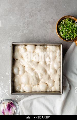 Draufsicht der Focaccia-Teigprüfung in der Backform, Draufsicht eines Focaccia-Brotteigs mit hoher Flüssigkeitszufuhr in einer Pfanne Stockfoto