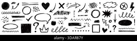 Pfeile Pinsel Kontur Kreideelemente. Handgezeichneter Buntstift pastellfarbene Strichpfeile, Kreidekreise, Punktfarbensatz. Markieren Sie den Kreis, Rahmen Pinsel Kreide Scribble Formen Set. Vektorabbildung Stock Vektor