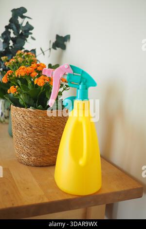 Sprühen Sie die Flasche neben Blumen auf einen Holztisch Stockfoto
