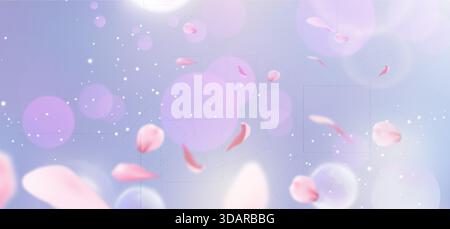 Rosafarbene Sakura-Blüten, die mit Bokeh-Hintergrund der Frühlingsblume schweben, und weiche, verschwommene Sonne funkelt für ein romantisches Design. Traumhafter Pastellverlauf mit weißen Glitzern. Zarte Kirschblütenelemente. Stock Vektor
