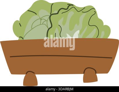 Comic-Gemüsebox mit Kohl. Futterbehälter für das Abendessen von Nutztieren, Schweinen oder Ziegen in Holzkiste. Stock Vektor