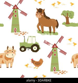 Vektor-Cartoon-Bauernhof-Muster mit süßer Kuh und Pferd. Windmühle mit lustigem Traktormuster in grünen Farben. Kindliche, nahtlose Textur mit einheimischen Anim Stock Vektor