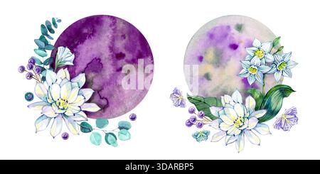 Elegante Aquarellkompositionen mit weißen Lotusblüten, Eukalyptusblättern, Beeren und sanften lila Monden. Perfekt für Branding und Einladungen Stockfoto