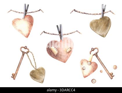 Vintage-Herz und Schlüssel auf einem Kleiderschrank, der an einer Schnur hängt, Seil-Set. Liebeserklärung. Beige, lilafarbene Geburtstagsgeschenke, Valentinstag Stockfoto
