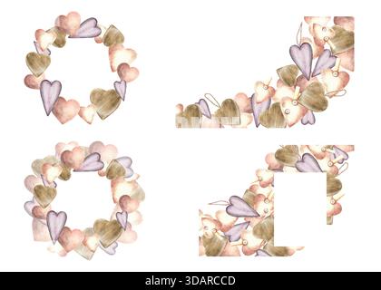 Vintage Hearts Set aus pastellfarbenem Flieder, beige, braunem Herzkreis, quadratischem Rahmen. Valentinstag-Grußkarte mit Textfeld. Aquarell Stockfoto