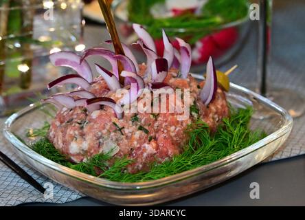 Frisches Hackfleisch dekoriert mit Dill und Zwiebeln Stockfoto