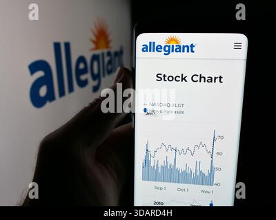 In dieser Abbildung zeigt eine Person ein Smartphone mit der Webseite des US-Luftfahrtunternehmens Allegiant Travel Company auf dem Bildschirm vor dem Logo. Stockfoto